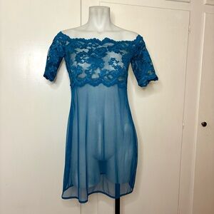 Vintage 90s Victoria’s Secret Blue Lace Mesh Off Shoulder Lingerie Mini Dress
